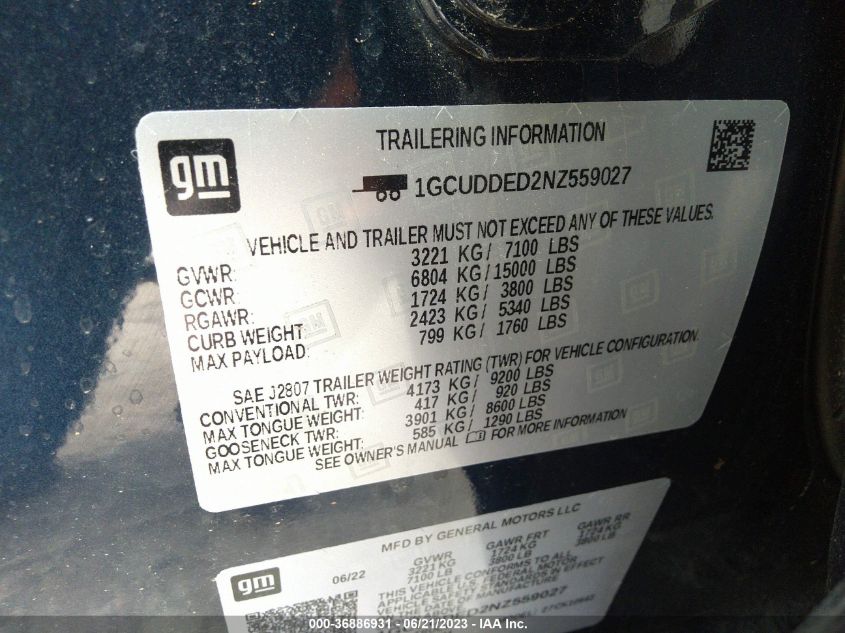 2022 CHEVROLET SILVERADO 1500 LT - 1GCUDDED2NZ559027