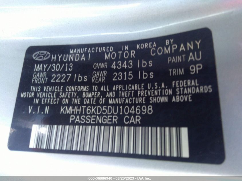 2013 HYUNDAI GENESIS COUPE 2.0T KMHHT6KD5DU104698