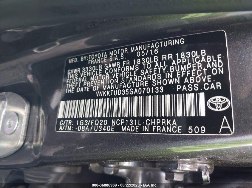 2016 TOYOTA YARIS L/SE/LE - VNKKTUD35GA070133