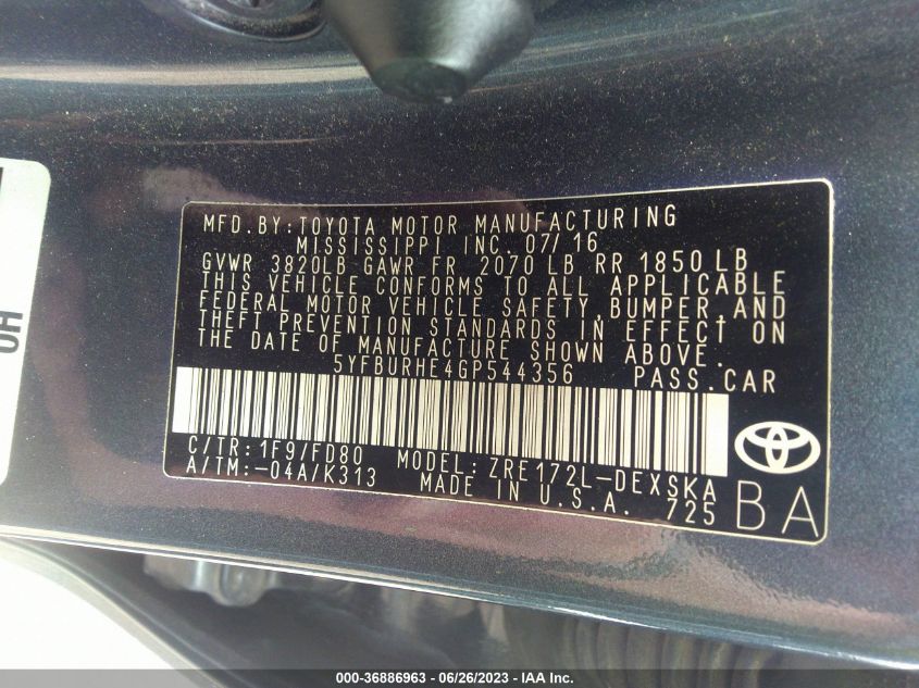 2016 TOYOTA COROLLA L/LE/S/S PLUS/LE PLUS - 5YFBURHE4GP544356