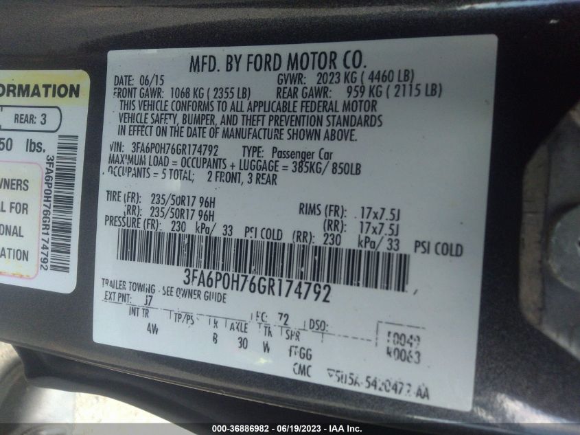 2016 FORD FUSION SE - 3FA6P0H76GR174792