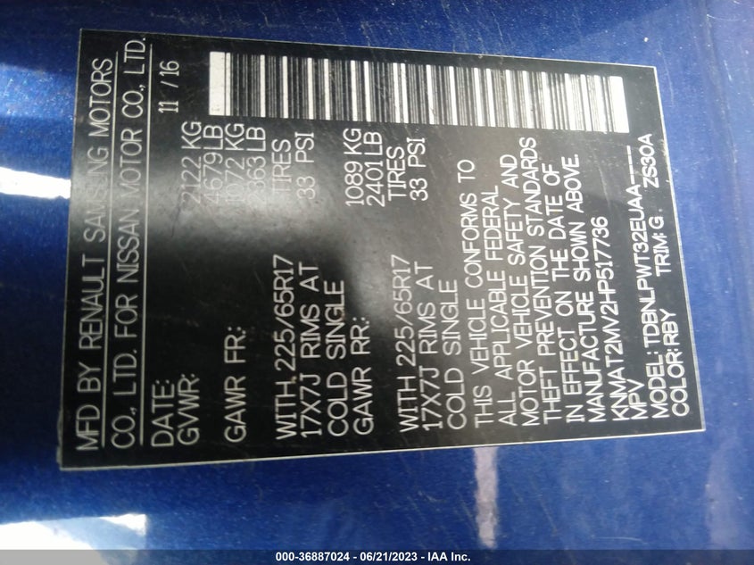 VIN KNMAT2MV2HP517736 2017 NISSAN ROGUE S