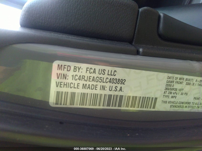 VIN 1C4RJEAG5LC403892 2020 JEEP GRAND CHEROKEE ALTITUDE