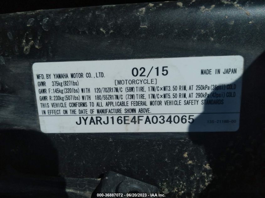 2015 YAMAHA YZFR6 JYARJ16E4FA034065