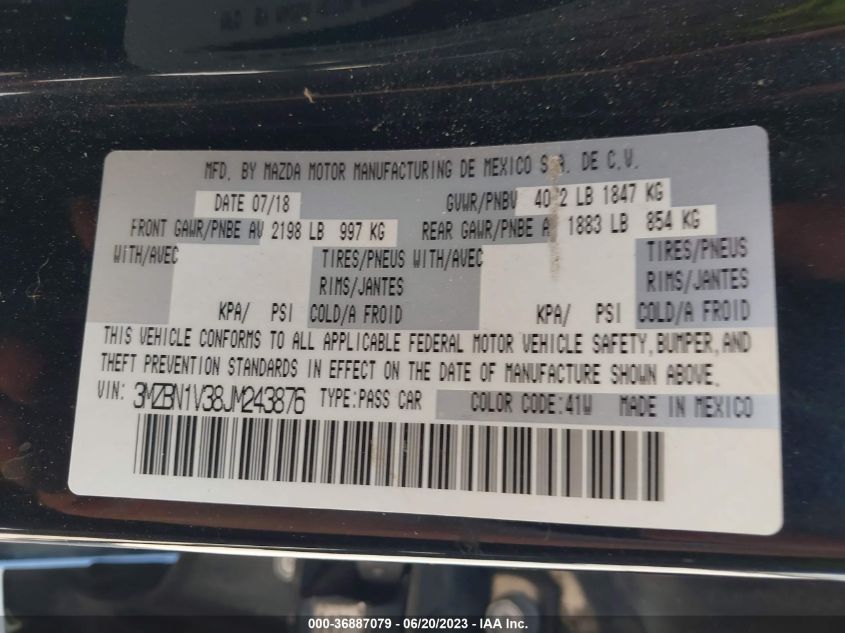 2018 MAZDA MAZDA3 4-DOOR TOURING 3MZBN1V38JM243876