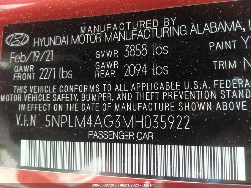 VIN 5NPLM4AG3MH035922 2021 HYUNDAI ELANTRA SEL