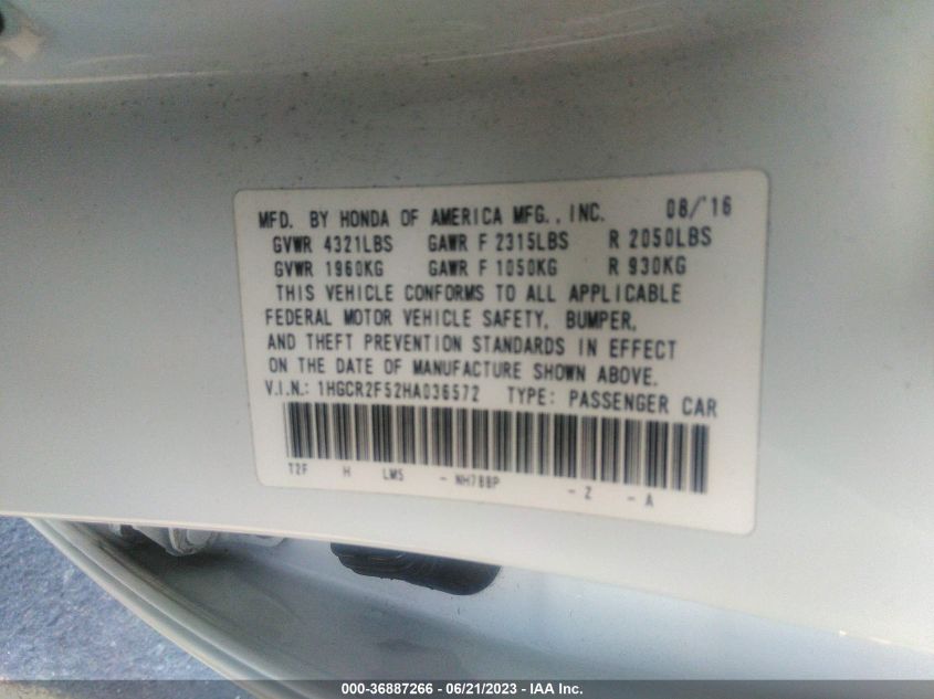 2017 HONDA ACCORD SEDAN SPORT - 1HGCR2F52HA036572