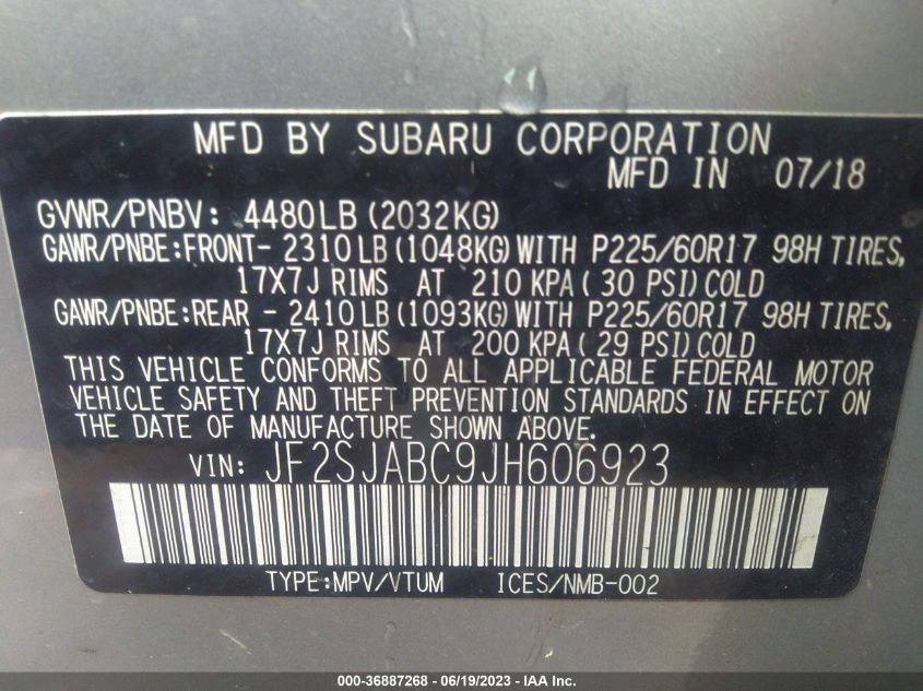 2018 SUBARU FORESTER - JF2SJABC9JH606923