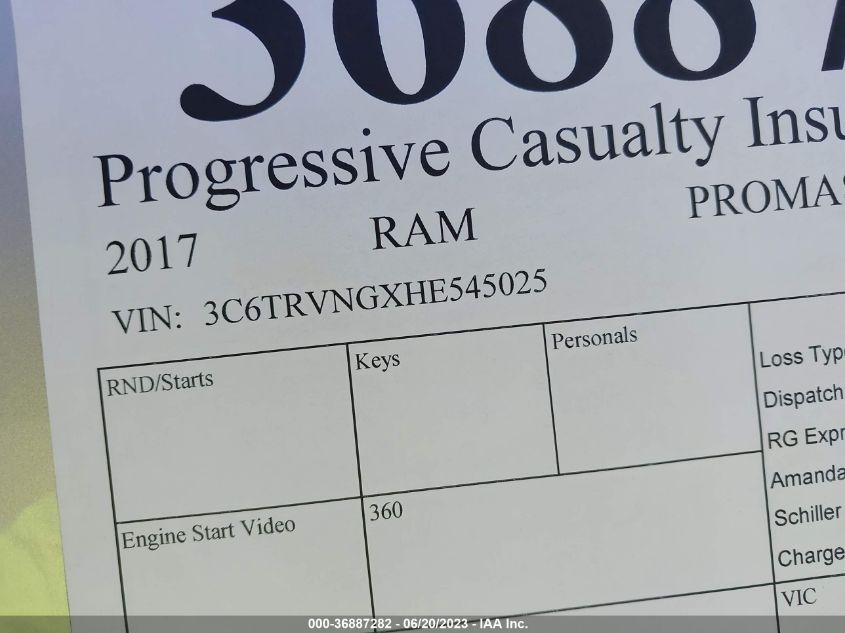 2017 RAM PROMASTER CARGO VAN - 3C6TRVNGXHE545025
