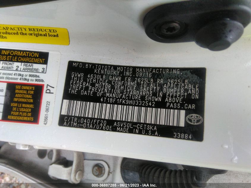 2017 TOYOTA CAMRY LE/XLE/SE/XSE - 4T1BF1FK9HU332542
