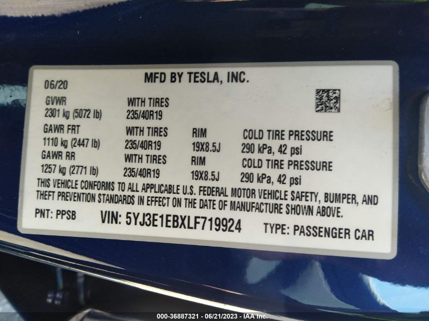 2020 TESLA MODEL 3 LONG RANGE - 5YJ3E1EBXLF719924