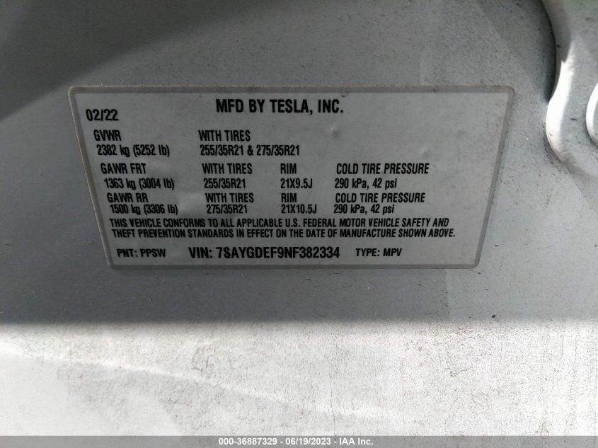 2022 TESLA MODEL Y PERFORMANCE - 7SAYGDEF9NF382334