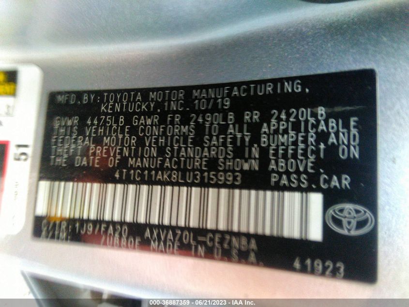 2020 TOYOTA CAMRY LE - 4T1C11AK8LU315993