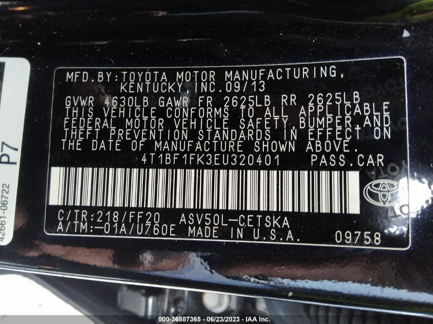 2014 TOYOTA CAMRY L/LE/XLE/SE/SE SPORT - 4T1BF1FK3EU320401