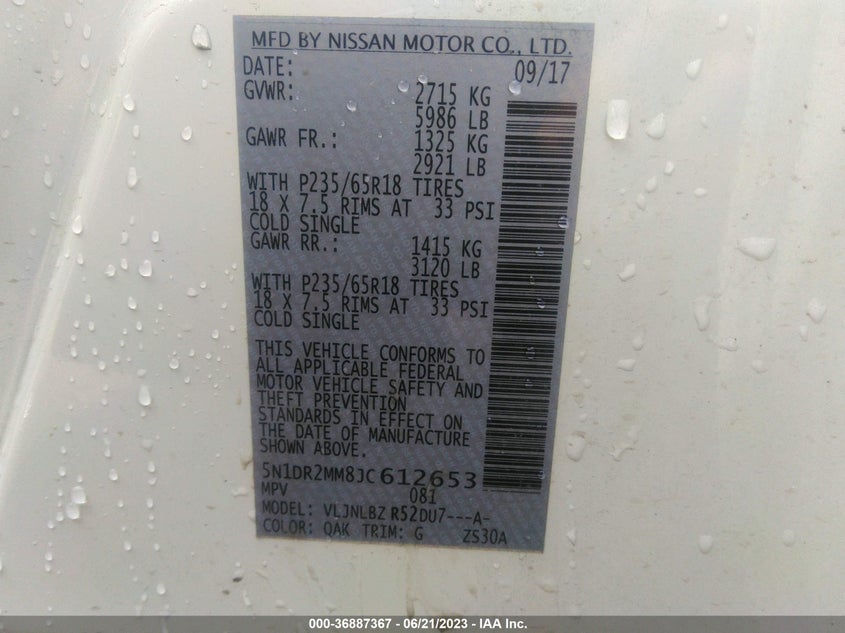 VIN 5N1DR2MM8JC612653 2018 NISSAN PATHFINDER S