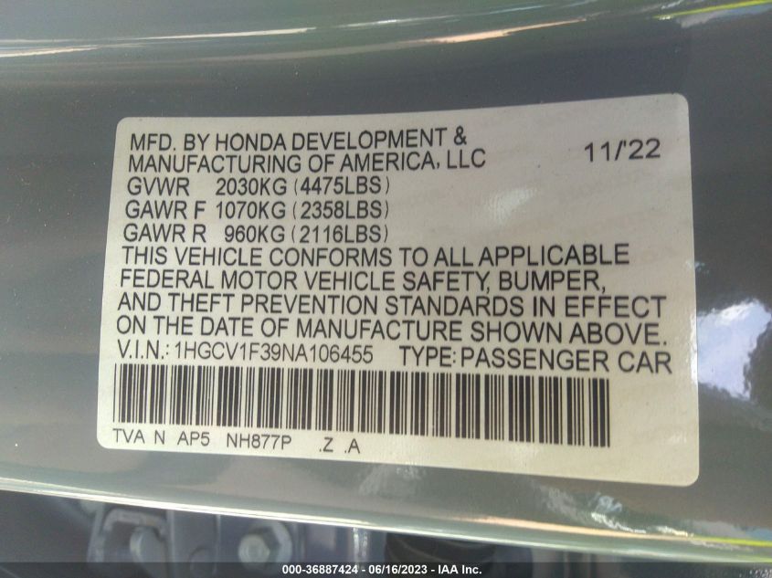 2022 HONDA ACCORD SEDAN SPORT - 1HGCV1F39NA106455