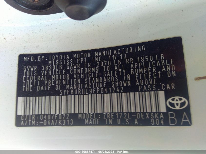 2014 TOYOTA COROLLA L/LE/S/S PLUS/LE PLUS - 5YFBURHE9EP041242