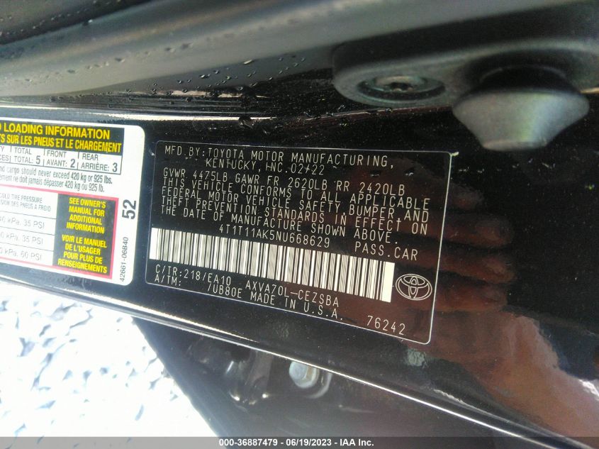 2022 TOYOTA CAMRY SE/NIGHT SHADE - 4T1T11AK5NU668629