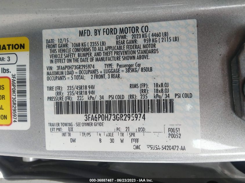 2016 FORD FUSION SE - 3FA6P0H73GR295974