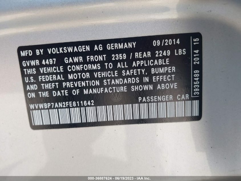 2015 VOLKSWAGEN CC SPORT - WVWBP7AN2FE811642