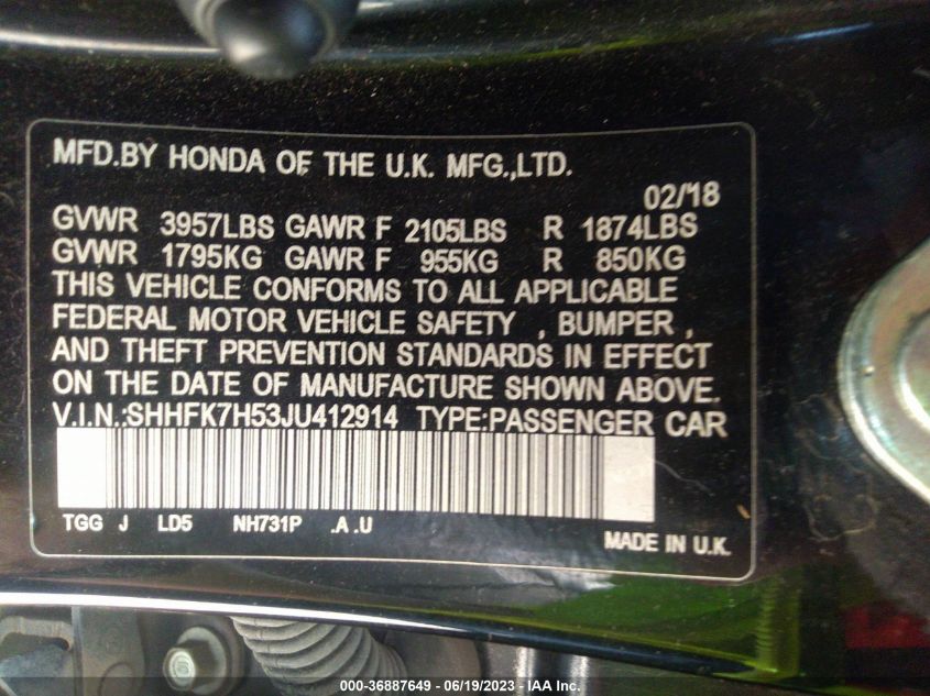 2018 HONDA CIVIC HATCHBACK EX - SHHFK7H53JU412914