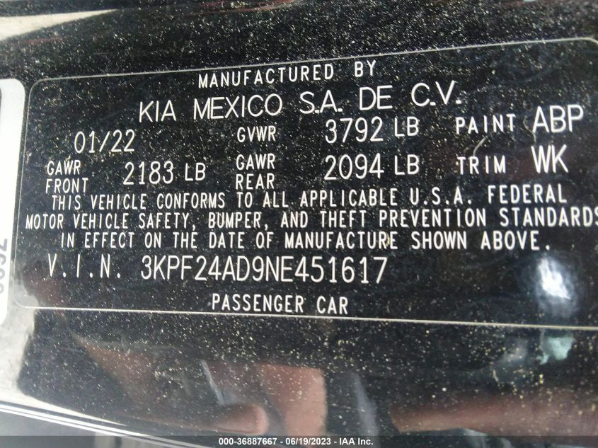 2022 KIA FORTE FE - 3KPF24AD9NE451617