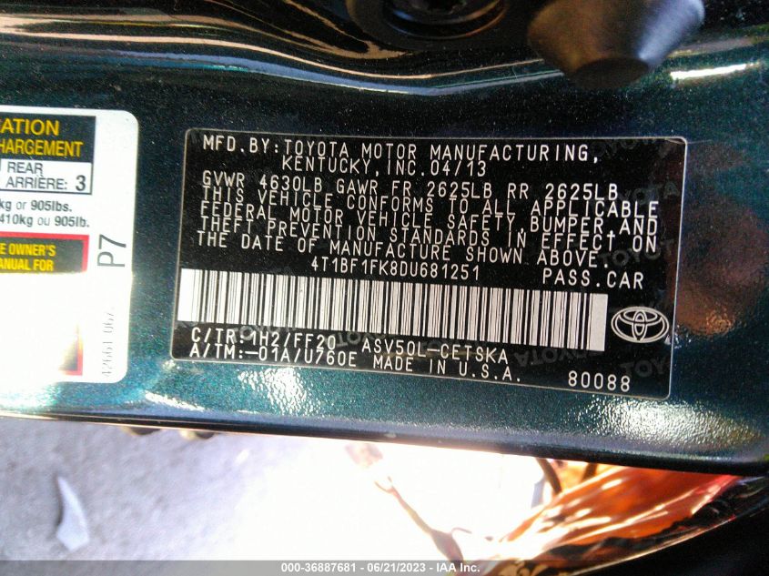 2013 TOYOTA CAMRY LE - 4T1BF1FK8DU681251