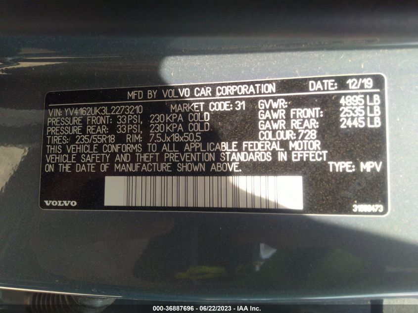 2020 VOLVO XC40 MOMENTUM YV4162UK3L2273210