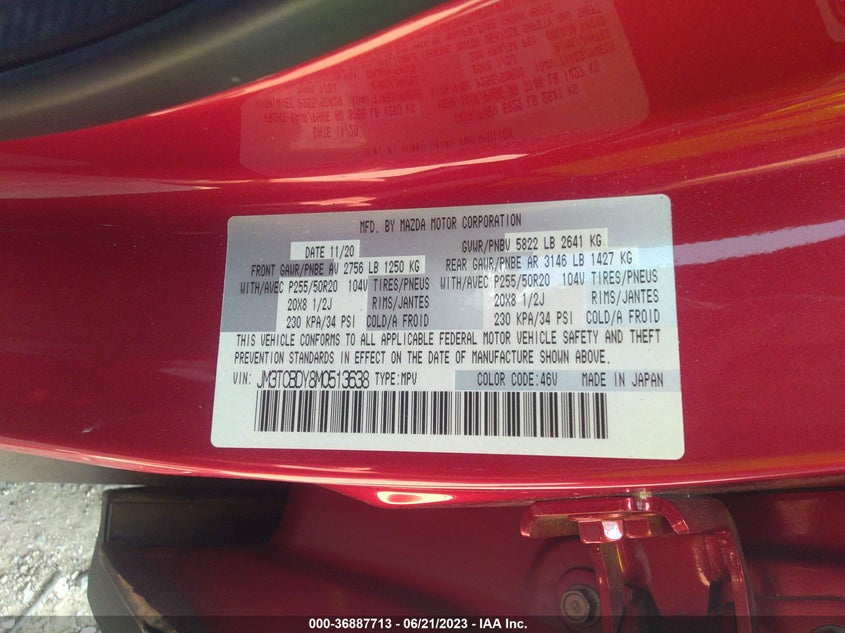 VIN JM3TCBDY8M0513638 2021 MAZDA CX-9 GRAND TOURING