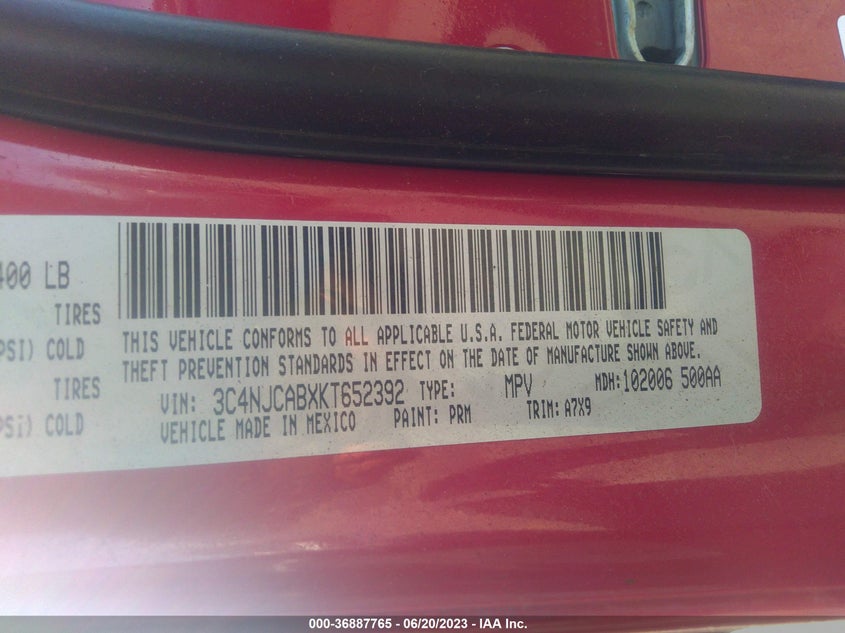 VIN 3C4NJCABXKT652392 2019 JEEP COMPASS SPORT