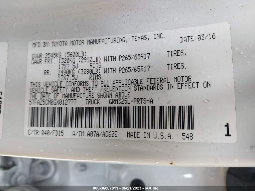 2016 TOYOTA TACOMA DBL CAB/SR5/TRD SPORT/OR - 5TFAZ5CN0GX012777