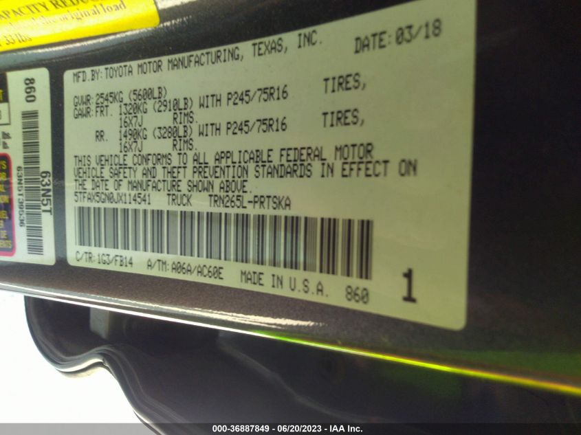 2018 TOYOTA TACOMA SR/SR5 - 5TFAX5GN0JX114541