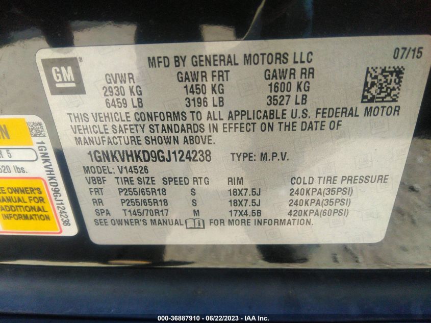2016 CHEVROLET TRAVERSE LT - 1GNKVHKD9GJ124238