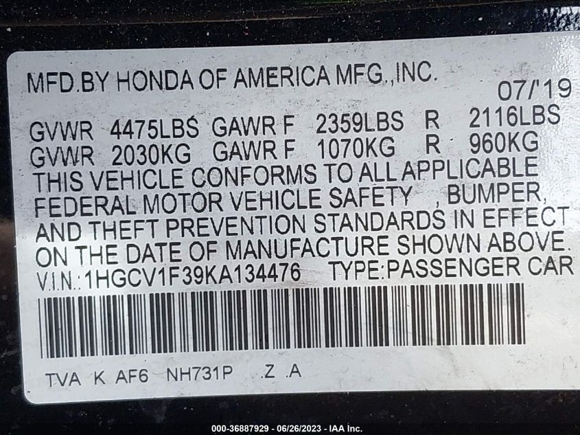 2019 HONDA ACCORD SEDAN SPORT 1.5T - 1HGCV1F39KA134476