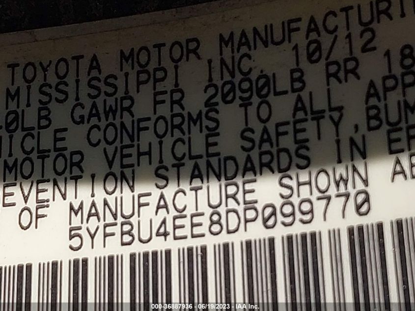2013 TOYOTA COROLLA L/LE/S - 5YFBU4EE8DP099770