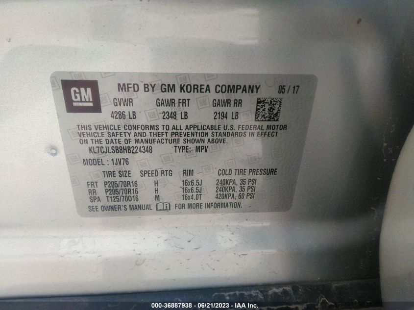 2017 CHEVROLET TRAX LT - KL7CJLSB8HB224348