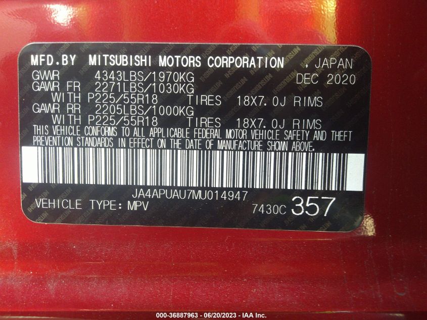 2021 MITSUBISHI OUTLANDER SPORT ES/LE/BE/S - JA4APUAU7MU014947