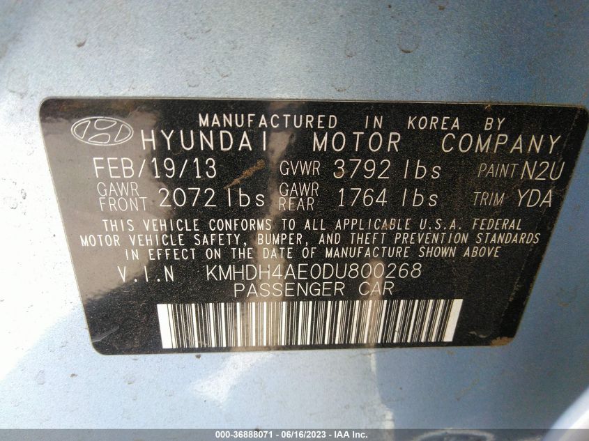 2013 HYUNDAI ELANTRA GLS PZEV - KMHDH4AE0DU800268