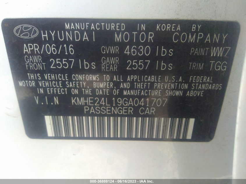 2016 HYUNDAI SONATA HYBRID SE - KMHE24L19GA041707