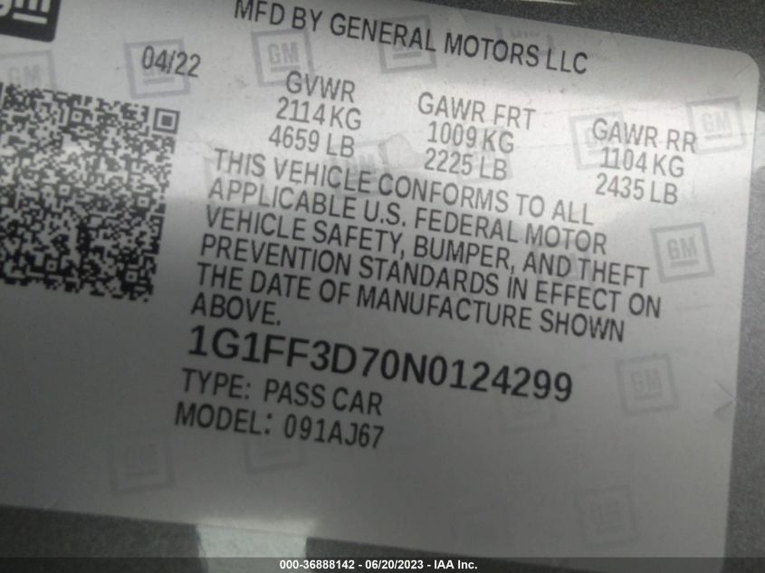 2022 CHEVROLET CAMARO LT1 - 1G1FF3D70N0124299