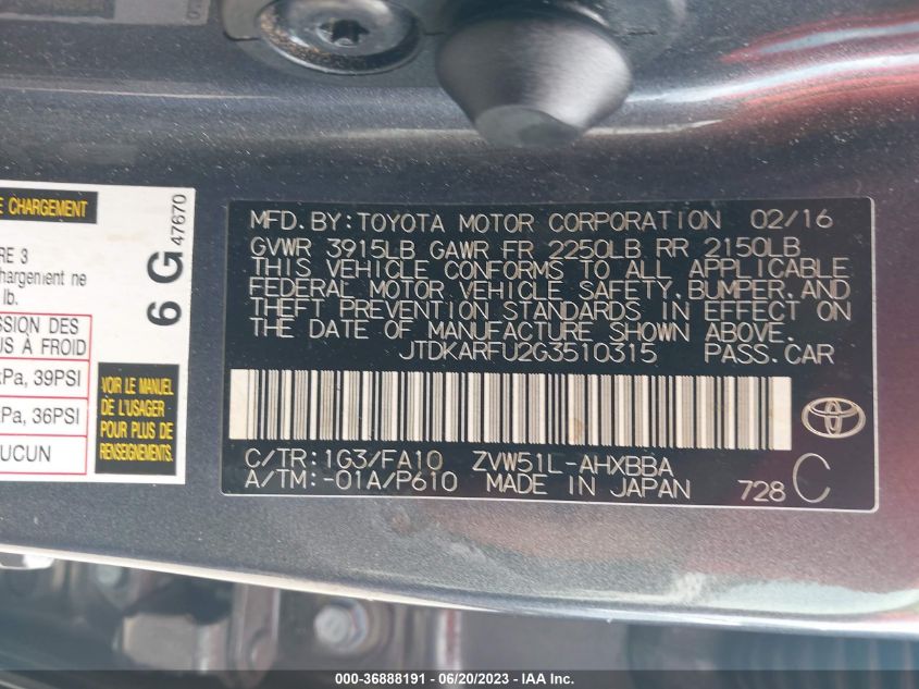 2016 TOYOTA PRIUS - JTDKARFU2G3510315