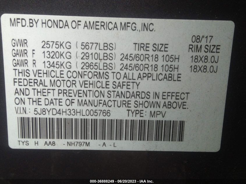 2017 ACURA MDX - 5J8YD4H33HL005766