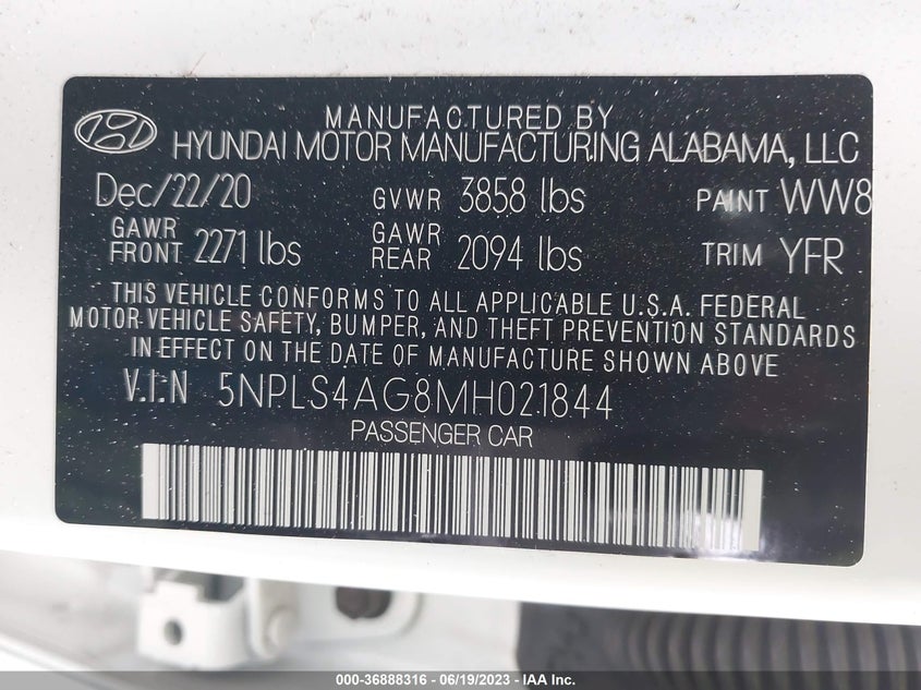 VIN 5NPLS4AG8MH021844 2021 HYUNDAI ELANTRA SEL
