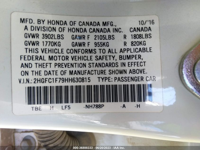 2017 HONDA CIVIC SEDAN EX-L - 2HGFC1F79HH630815