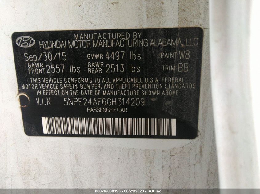 2016 HYUNDAI SONATA 2.4L SE - 5NPE24AF6GH314209
