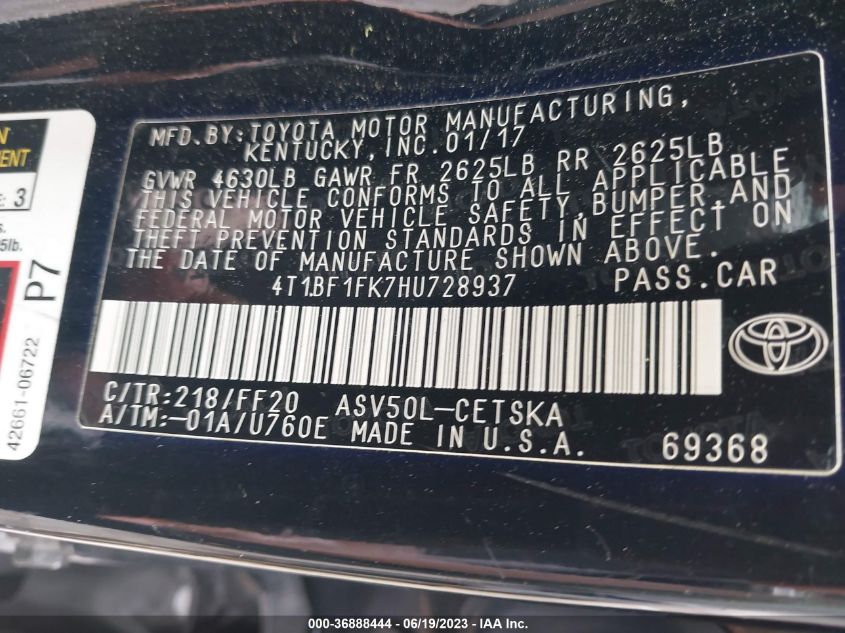 2017 TOYOTA CAMRY XLE/SE/LE/XSE - 4T1BF1FK7HU728937