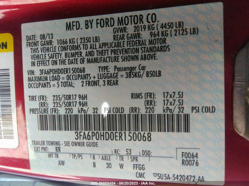 2014 FORD FUSION SE - 3FA6P0HD0ER150068