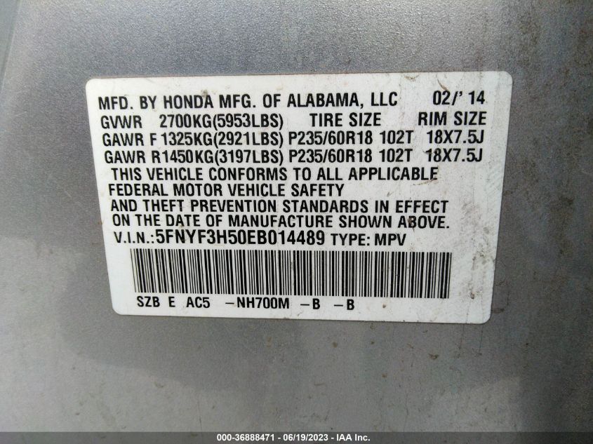 2014 HONDA PILOT EX-L - 5FNYF3H50EB014489