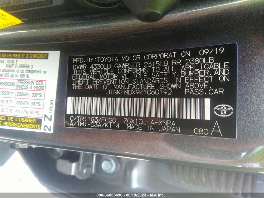 2019 TOYOTA C-HR XLE/LE/LIMITED - JTNKHMBX9K1060192