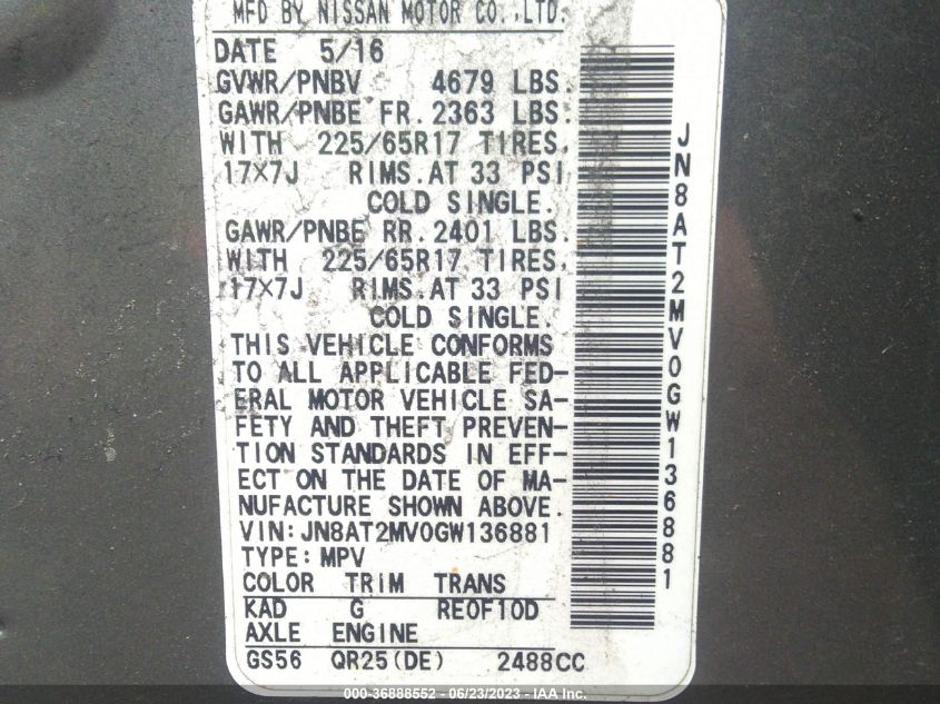 2016 NISSAN ROGUE SV - JN8AT2MV0GW136881